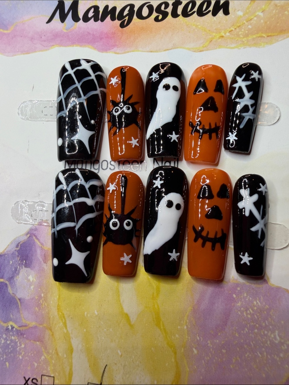 Halloween Press-On Nails in Black & Orange — Ghost, Spider & Pumpkin Set
